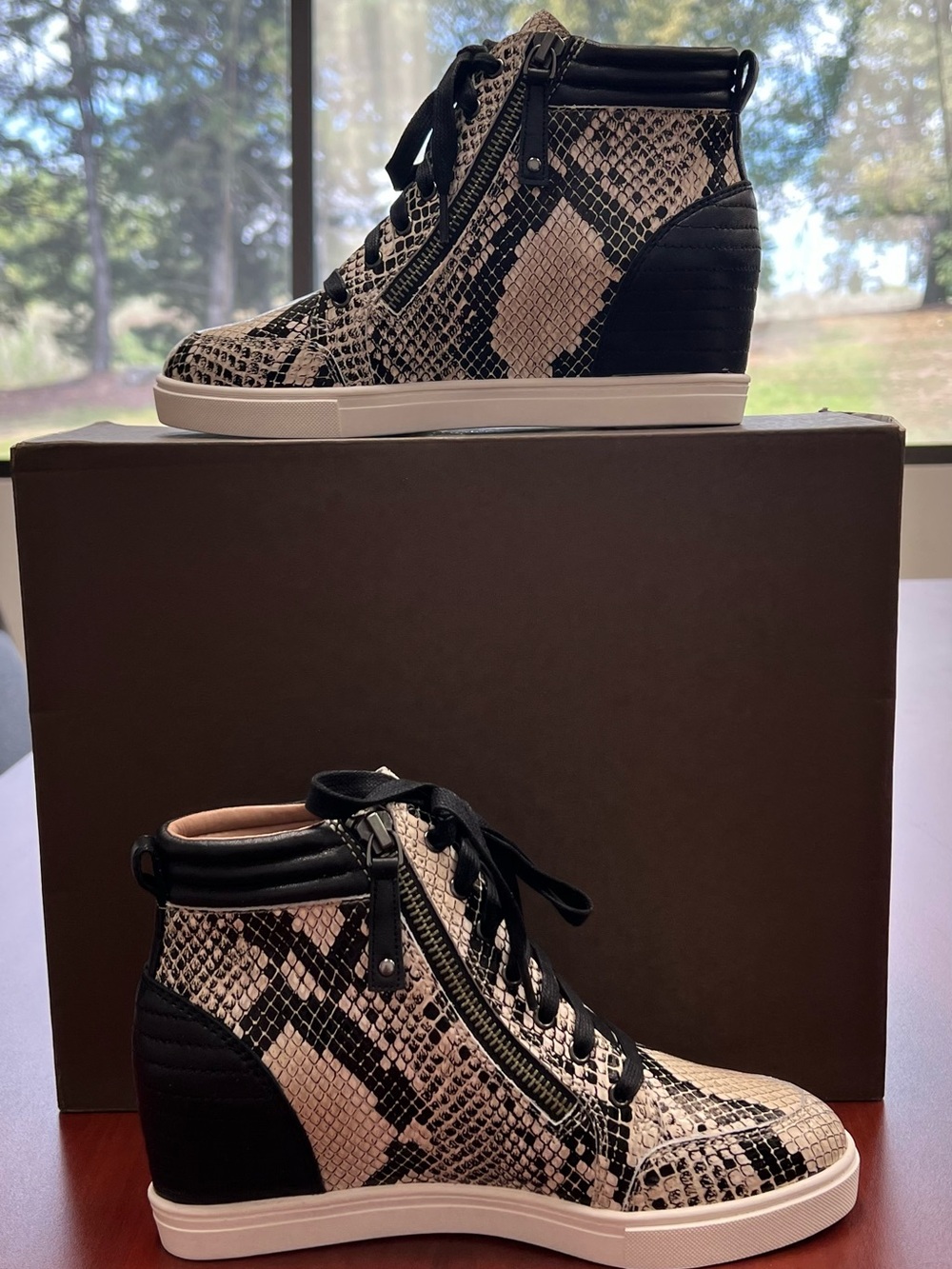 Paolo Black & Cream Snake-Print Wedge Sneakers